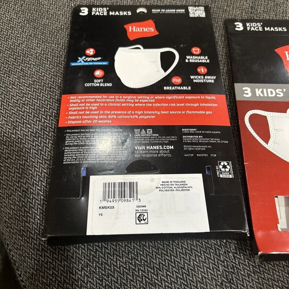 Hanes 100% Cotton Face Masks Pack of 6 Blue New Wicking Cool Comfort Kids 5-12